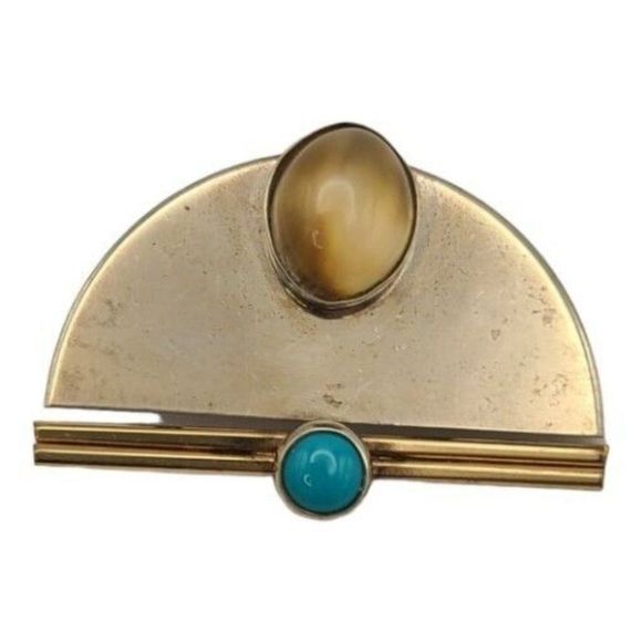 Vintage Sterling and Gold Filled Smoky Quartz & Turquoise Pin Brooch 1.25" - Picture 4 of 5